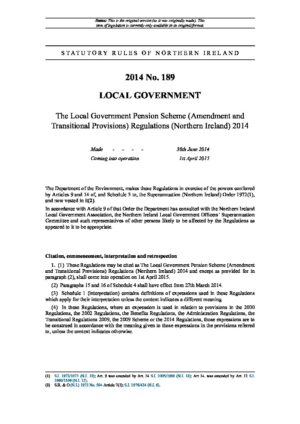 The Local Government Pension Scheme (Amendment and Transitional Provisions) Regulations (Northern Ireland) 2014 thumbnail