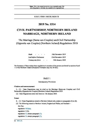 The Marriage (Same-sex Couples) and Civil Partnership(Opposite-sex Couples) (Northern Ireland) Regulations 2019 thumbnail