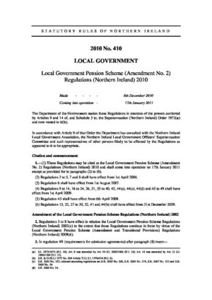 Local Government Pension Scheme (Amendment No. 2) Regulations (Northern Ireland) 2010 (SRNI 2010 No. 410) thumbnail