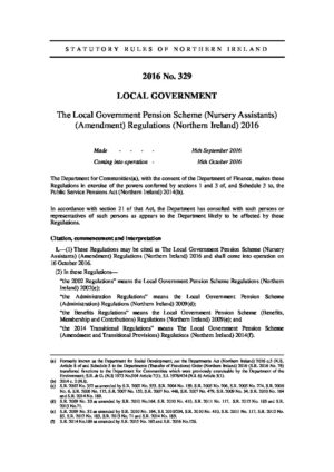 The Local Government Pension Scheme (Nursery Assistants) (Amendment) Regulations (Northern Ireland) 2016 thumbnail