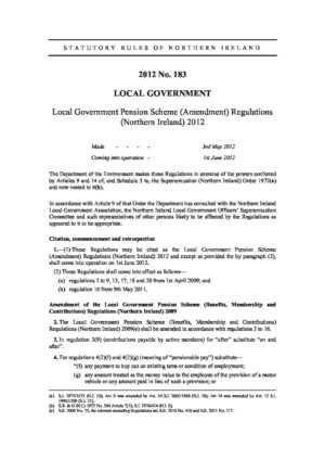 Local Government Pension Scheme (Amendment) Regulations (Northern Ireland) 2012  (SRNI 2012 No. 183) thumbnail