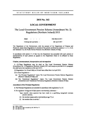 The Local Government Pension Scheme (Amendment No. 2) Regulations (Northern Ireland) 2015 thumbnail