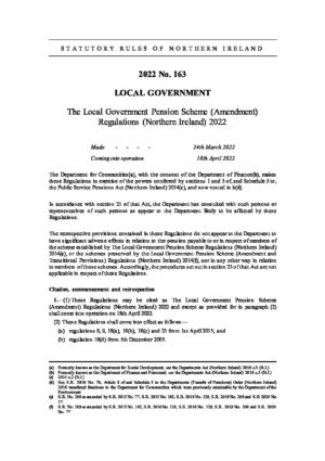 Local Government Pension Scheme (Amendment) Regulations (Northern Ireland) 2022 thumbnail