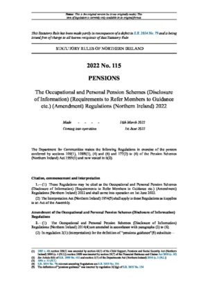 Occupational and Personal Pension Schemes (Disclosure of Information) (Requirements to Refer Members to Guidance etc) (Amendment) (Regulations) (Northern Ireland) 2022 thumbnail