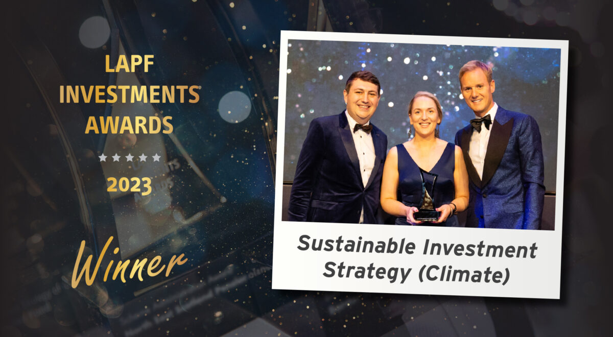 Helen McEvoy accepting the award for Sustainable Investment Strategy (Climate)