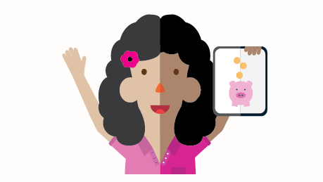 Woman holding a digital device showing an online piggy bank.