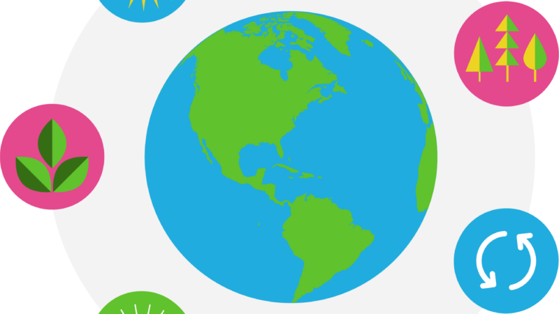 Depiction of Earth with 7 circled symbols of different sustainable investment.