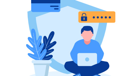 Graphic depicting a figure on a laptop with a symbolic security lock hovering above.