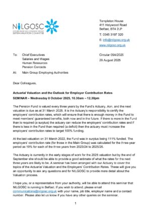 Circular 09A/2025 – Actuarial Valuation and the Outlook for Employer Contribution Rates (Main group of employing authorities) thumbnail