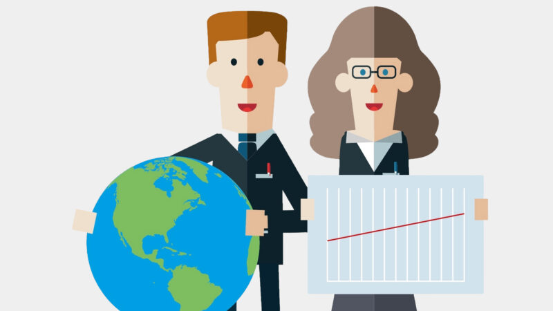 Man holding Earth, woman holding a line diagramme chart.