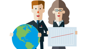 A man holding Earth and a woman a progress bar spreadsheet. To symbolise beneficial activities.